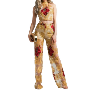 Banjul Gold Lace & Red Rose Embroidered Two Piece Set Top & Pants juniors Small